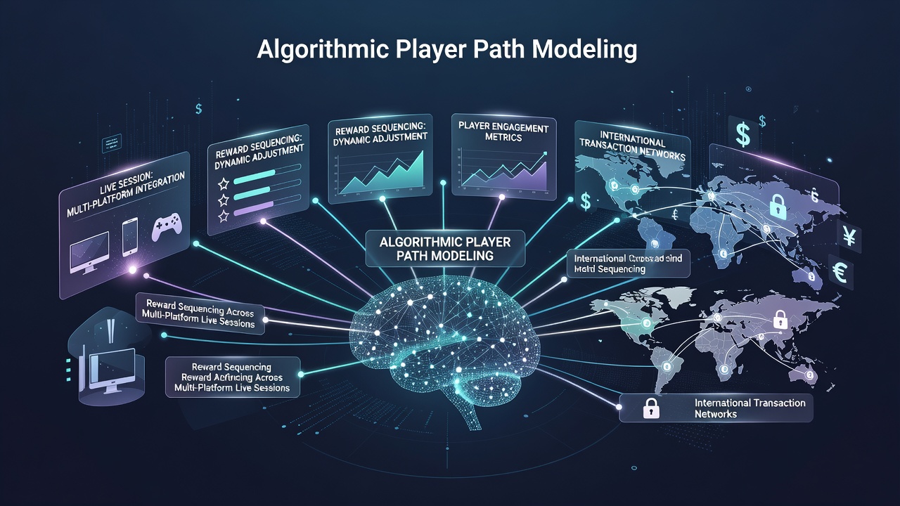 Visualization of algorithmic player path modeling showing reward sequencing across live sessions and transaction networks