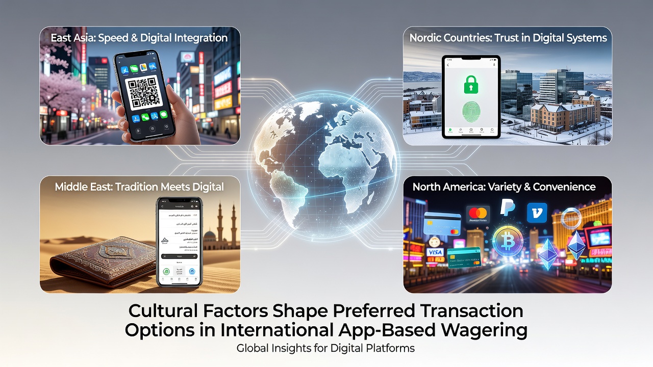 Global map highlighting regional payment preferences in mobile wagering apps with cultural icons overlaid