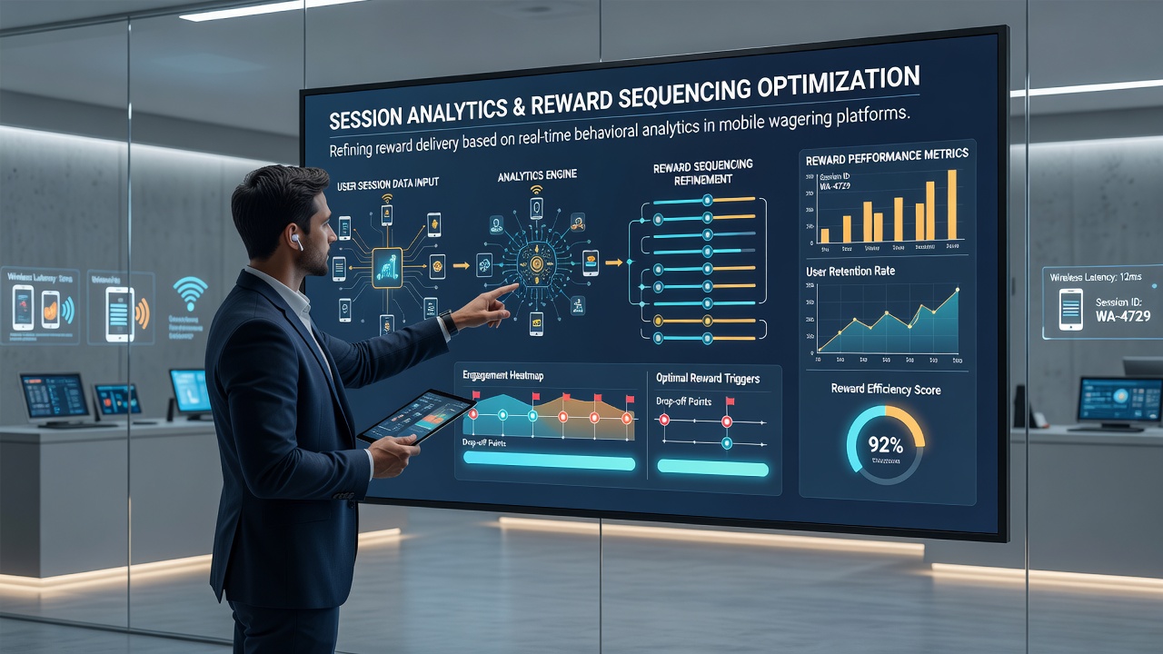 Analytics dashboard showing reward sequencing adjustments derived from wireless session data in a betting application