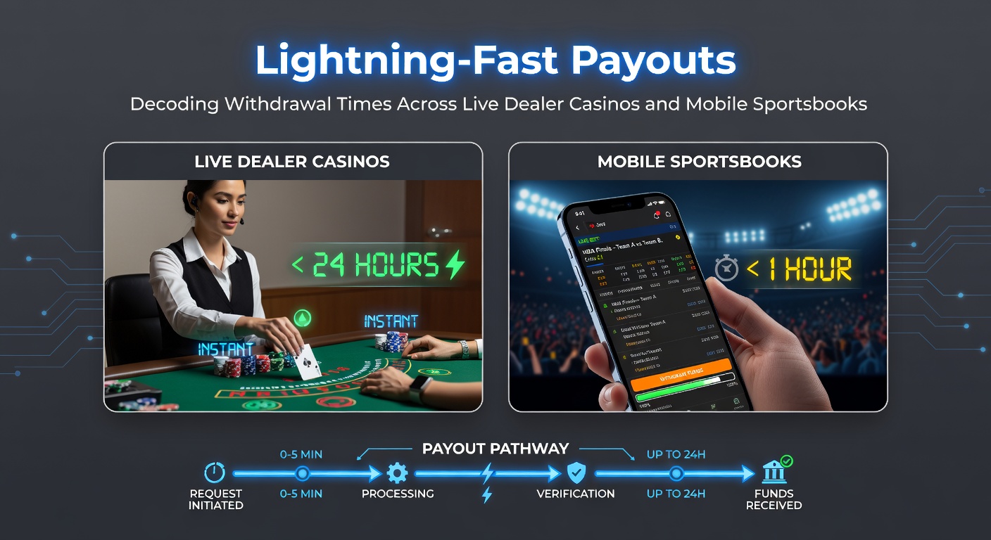 Infographic comparing payout clocks: live casino at 24 hours versus mobile sportsbook at 4 hours, with crypto lightning bolts