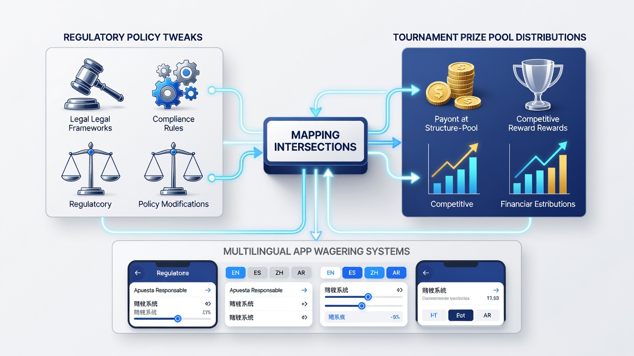 Regulatory policy documents overlaid with tournament prize pool charts from multilingual wagering apps