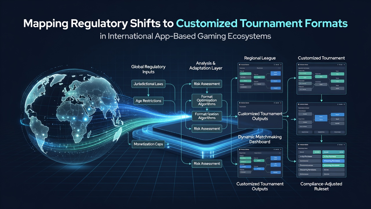 Regulatory maps overlaid on mobile tournament interfaces showing global compliance variations