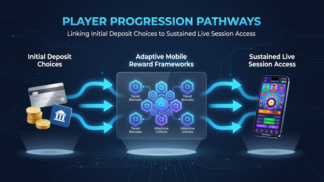 Mobile device displaying adaptive reward dashboard with deposit options and live session indicators in a casino app interface