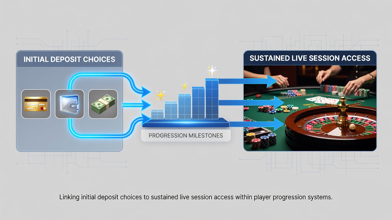 Flowchart-style graphic illustrating player progression from deposit selection through adaptive rewards to sustained live dealer session access on mobile