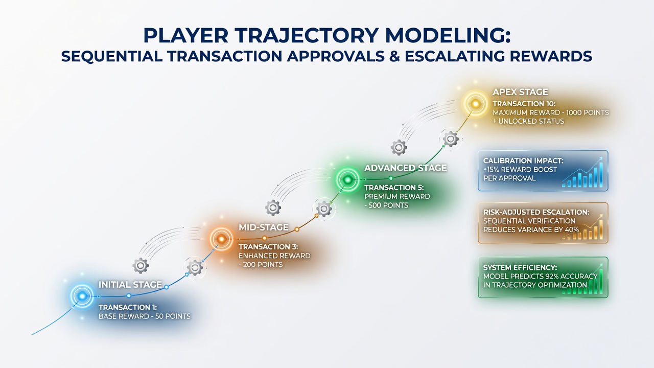 Flowchart showing sequential transaction approvals leading to escalating rewards in adaptive mobile networks