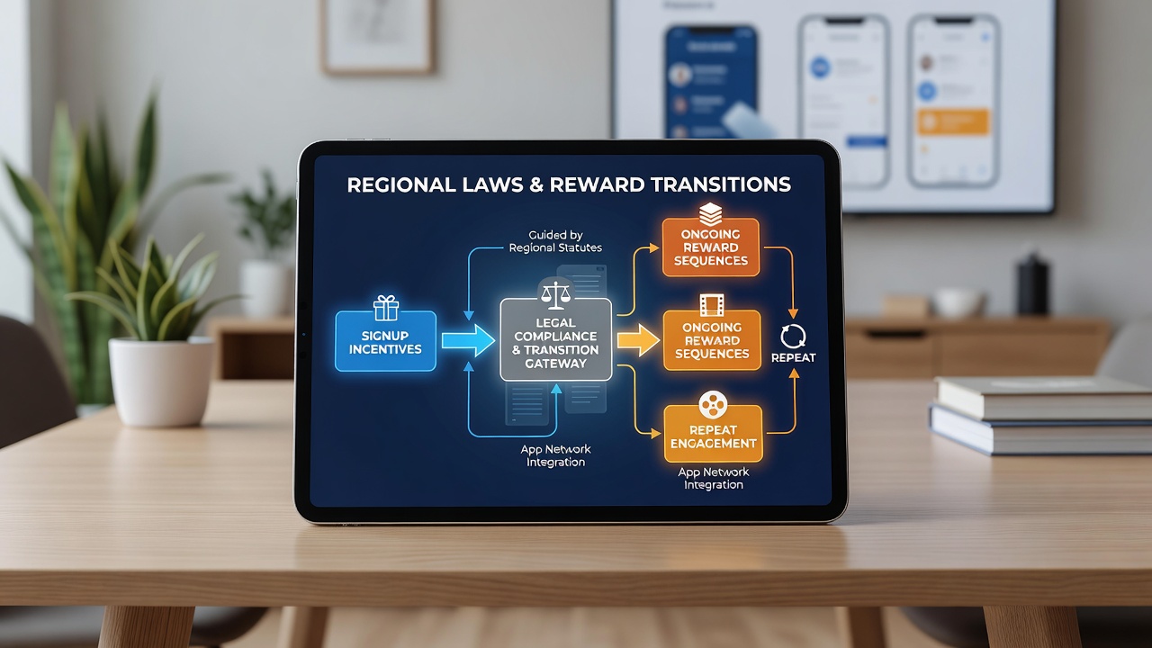 Regulatory frameworks and mobile app interfaces showing bonus transition processes across different jurisdictions