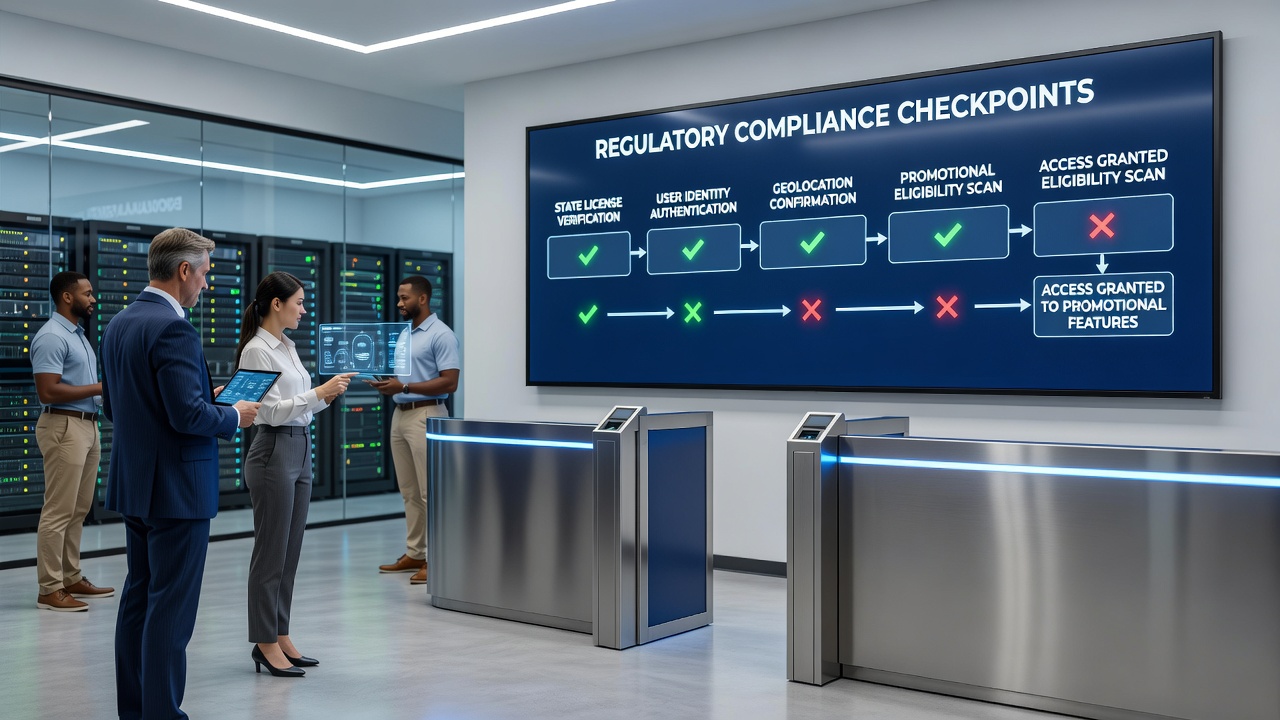 Diagram illustrating regulatory compliance checkpoints for promotional access in multi-state betting platforms