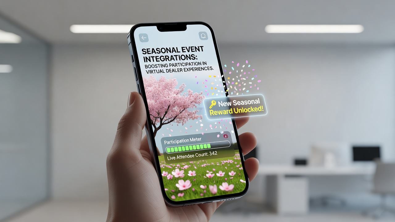 Close-up view of a smartphone screen showing seasonal virtual dealer interface with holiday promotions and live chat features