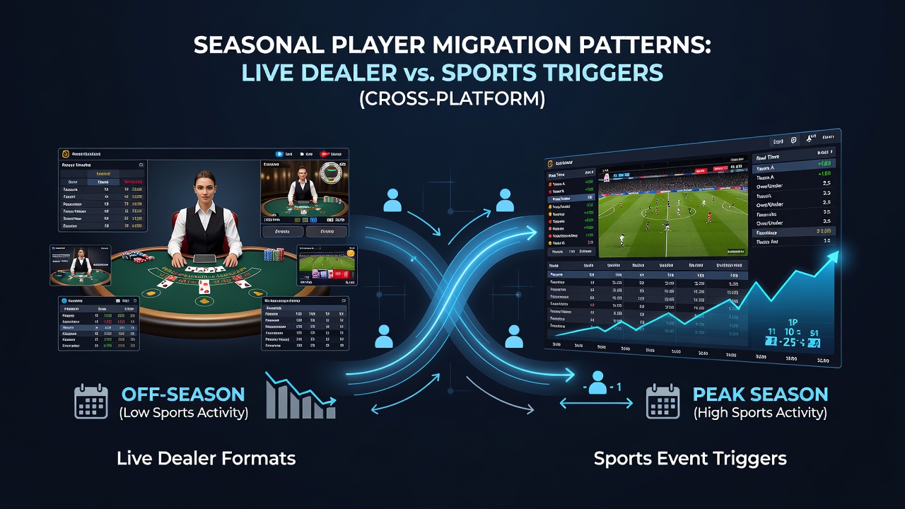 Analytics dashboard showing player movement between sports betting and live dealer sections in a cross-platform app