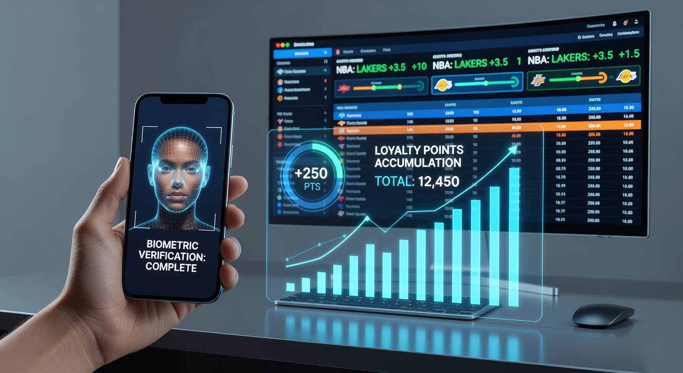 Digital sports wagering interface showing biometric login alongside loyalty point dashboard on a mobile device