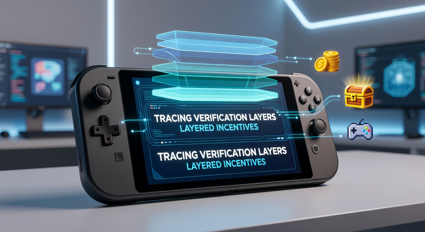 Diagram illustrating verification layer progression and corresponding incentive unlocks in a portable gaming app